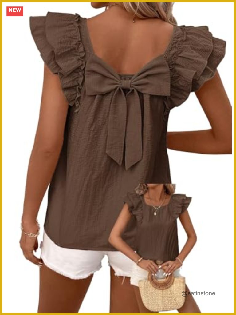 Ruffle Short Sleeve Babydoll Tunic Blouse With Bow Back